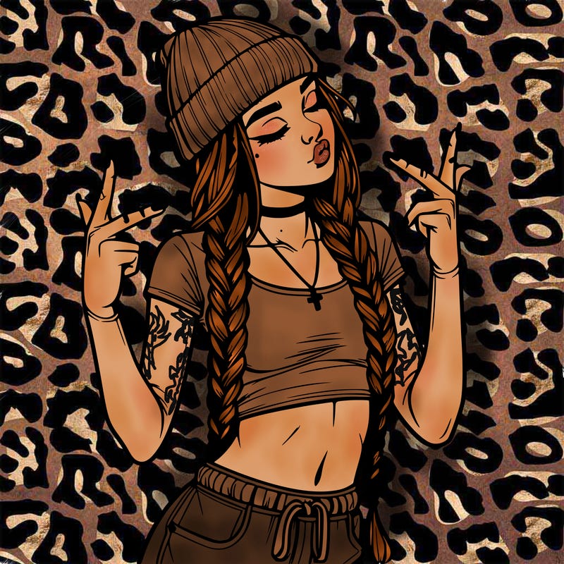 realistic teenage girl with braids and a beanie and crop top doing 🫶🏼