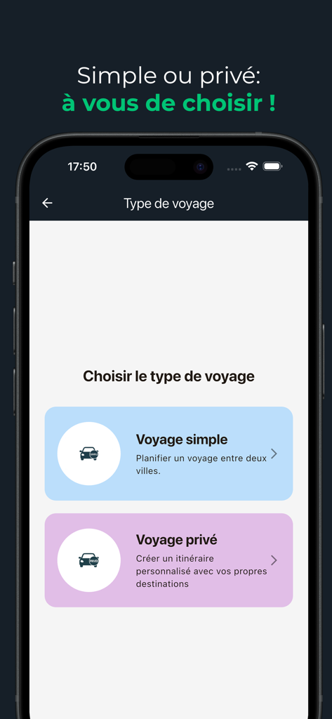 Netavgou - نتافگو - Netavgou app screen showing options for a simple intercity shared ride or a private personalized trip.