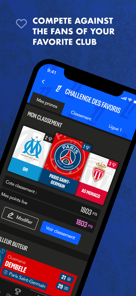 MPP - The social predictor - Interfaz de la aplicación MPP mostrando el desafío de clasificación de aficionados para clubes de fútbol franceses como PSG y OM.