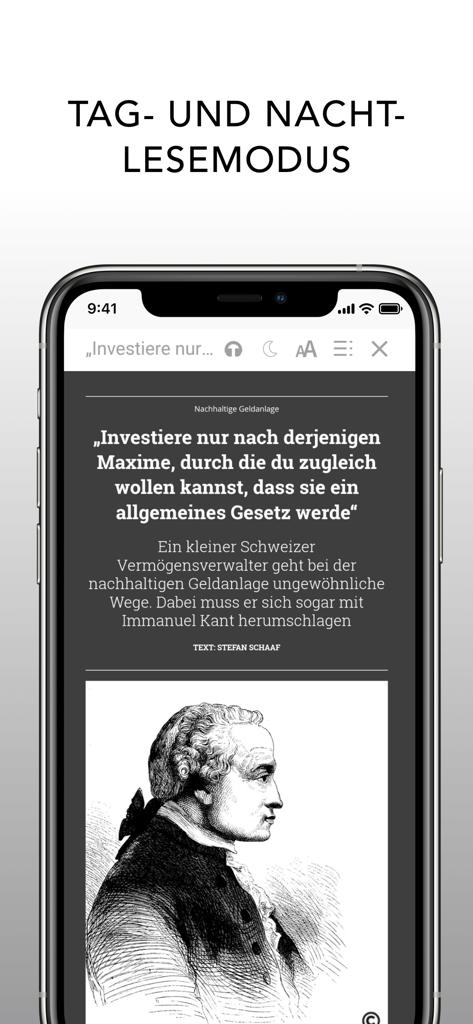 Capital Magazin - Capital Magazin app displaying a business article in dark night reading mode on a smartphone screen.