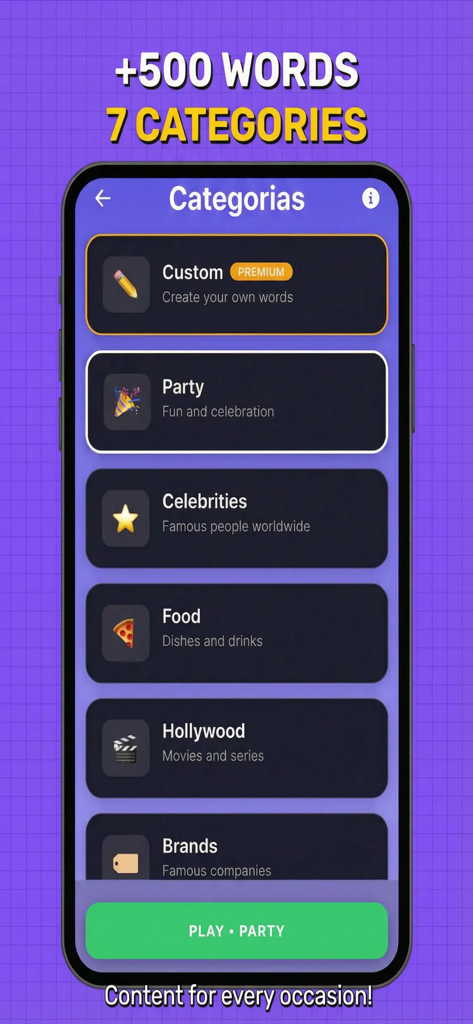 Fakit - Imposter - Fakit Imposter game categories screen showing options like Party Hollywood and Brands