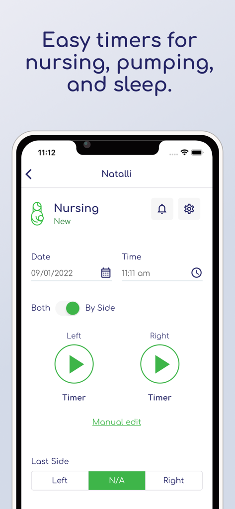 Talli Baby Tracker Newborn Log - Talli Baby Tracker app screen showing the nursing timer interface with left and right side tracking options
