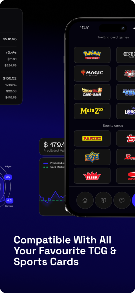 Digital Grading Co app interface showing compatibility with popular TCG and sports card brands like Pokemon and Panini