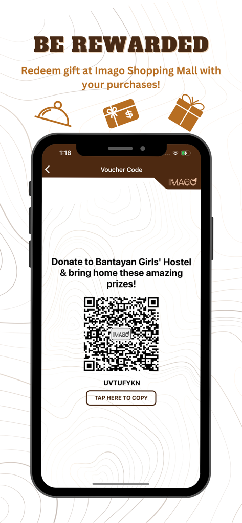 Imago Shopping Mall - A mobile app screen for Imago Shopping Mall showing a reward voucher with a QR code and a button to copy the code.