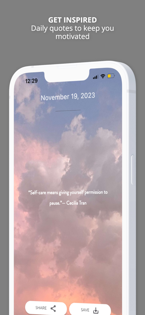 ヨガアプリの画面に表示されたセルフケアに関する毎日の inspirational quote（インスピレーショナルな引用）。