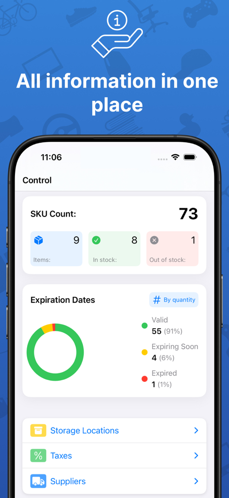 StockFlow: Warehouse control - StockFlow app dashboard showing SKU count and expiration date tracking