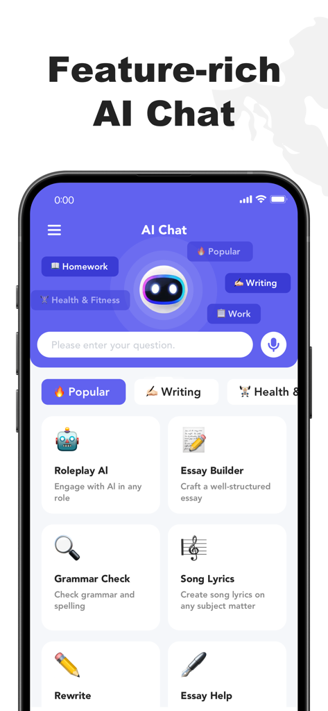 Daily Translate: AI Text Voice - 데일리 번역 앱 AI 채팅 인터페이스에는 문법 검사, 에세이 작성기, 역할극과 같은 기능이 표시됩니다.