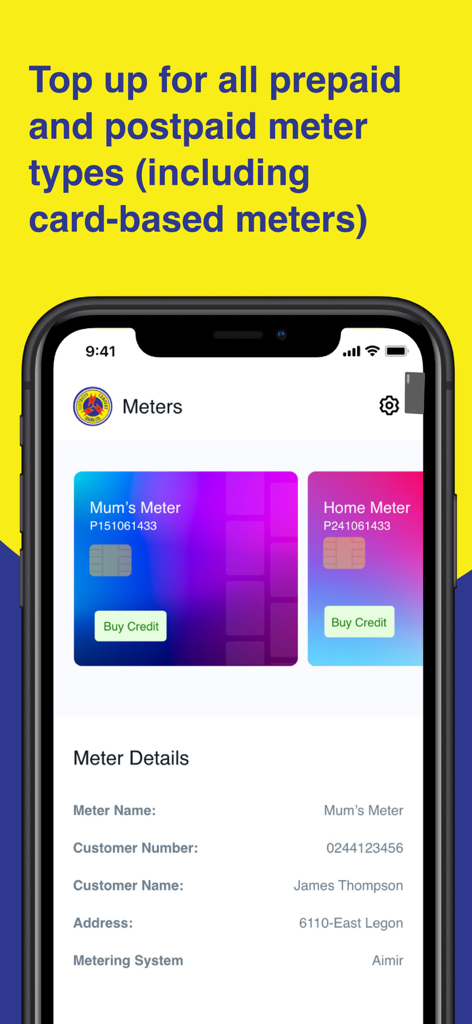 ECG PowerApp - Interfaz de la ECG PowerApp para gestionar múltiples medidores de electricidad y comprar crédito.