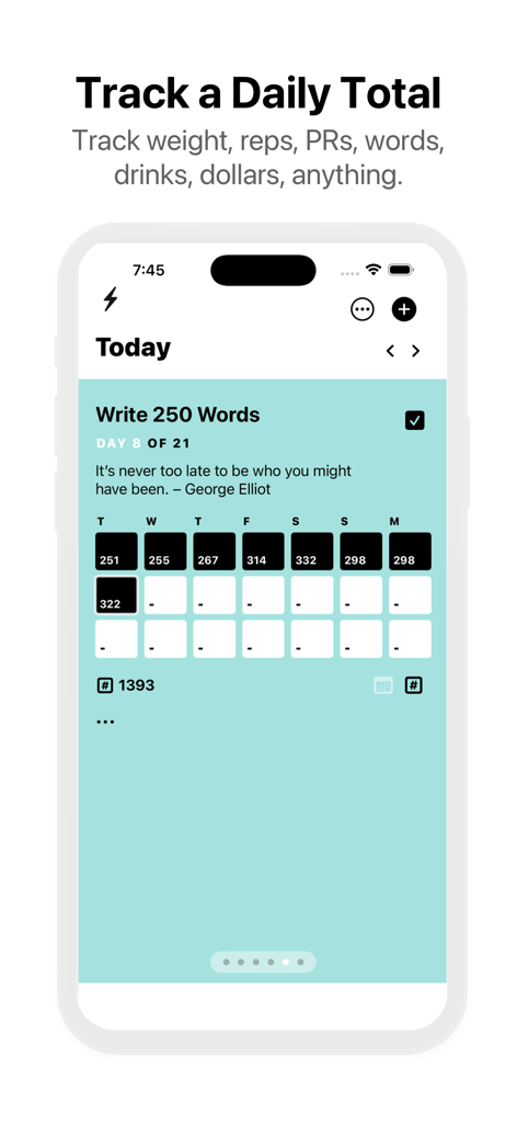 90 Day Challenge : Day by Day - Interface of the 90 Day Challenge app showing a daily word count tracking feature for a writing goal.