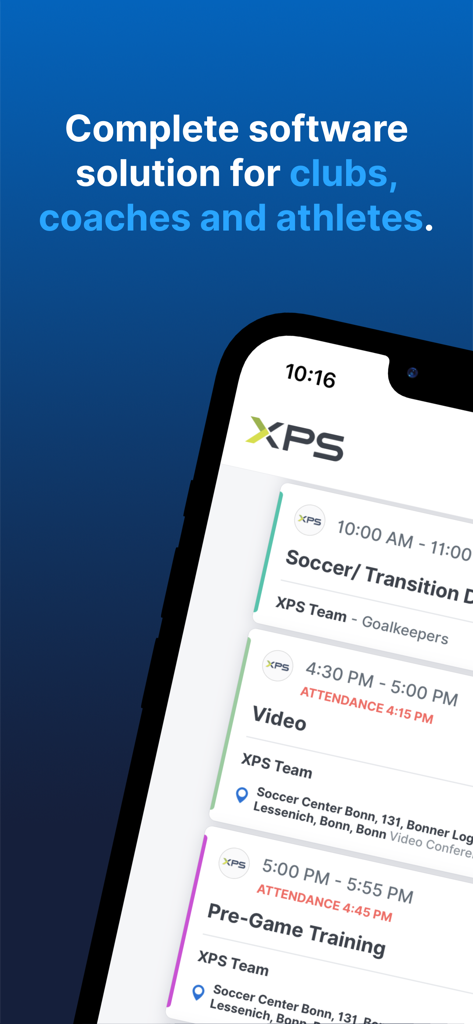 XPS Network - Smartphone mostrando la interfaz de horario de entrenamiento de la aplicación XPS Network para equipos deportivos.