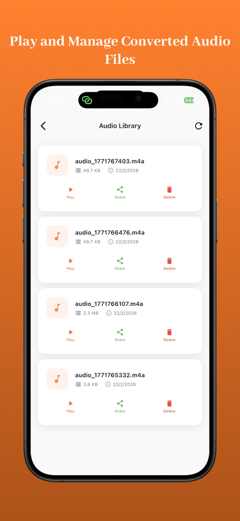 XRecorder Screen Video - XRecorder app audio library interface showing a list of converted audio files with options to play share and delete