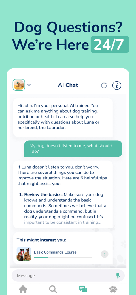 Hundeo - Dog Training & Tricks - Screenshot of the Hundeo app AI coach interface providing 24/7 dog training support