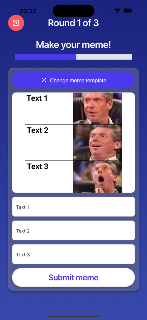 Interface do aplicativo Meme It para criar um meme durante uma rodada de jogo com entradas de texto e um modelo.