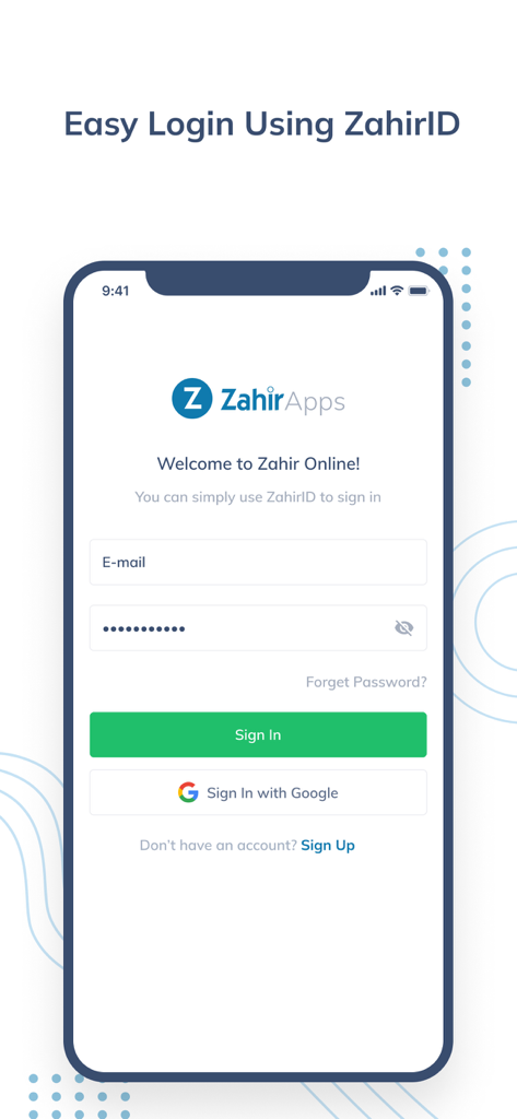 Zahir Apps - Zahir Apps mobile login screen showing the sign in form and google login option