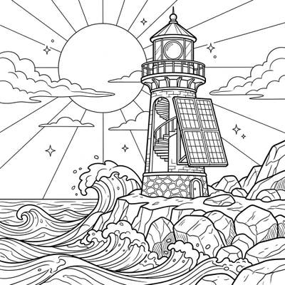 Immerse yourself in the beauty of renewable energy with this captivating solar-powered lighthouse coloring page. Featuring dynamic ocean waves and a radiant sun, it's a perfect blend of nature and innovation.