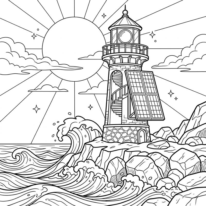 Immerse yourself in the beauty of renewable energy with this captivating solar-powered lighthouse coloring page. Featuring dynamic ocean waves and a radiant sun, it's a perfect blend of nature and innovation.