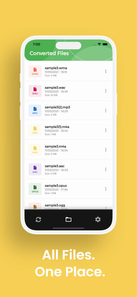M4A Converter, M4A to MP3 - Benutzeroberfläche der M4A Konverter App, die eine Liste konvertierter Dateien in verschiedenen Audioformaten zeigt