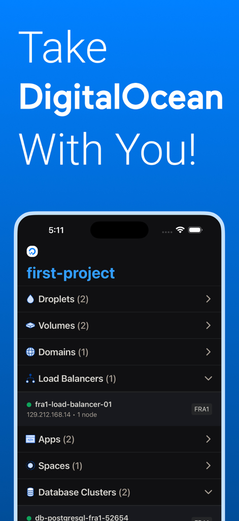 Panel de la aplicación móvil Digital Ocean que muestra la gestión de recursos en la nube para desarrolladores.