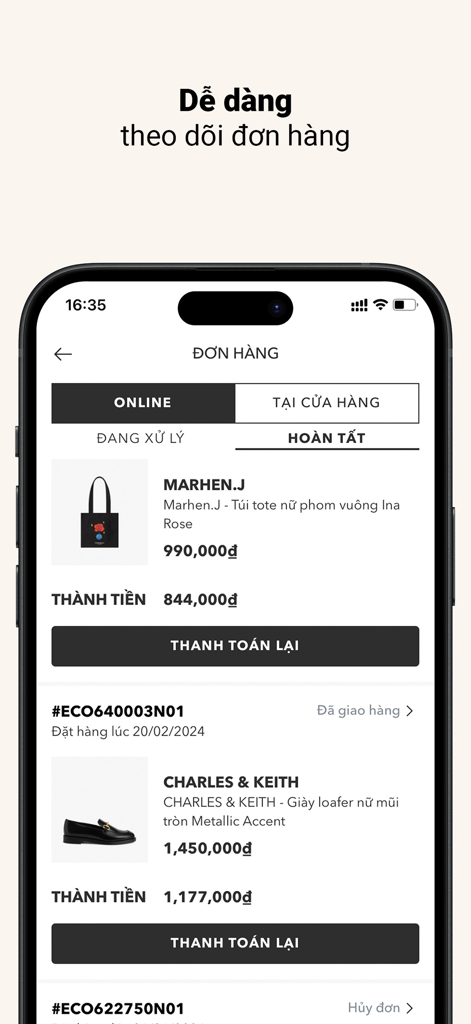 Maison Online app interface showing order history and tracking for premium fashion brands like Marhen J and Charles and Keith