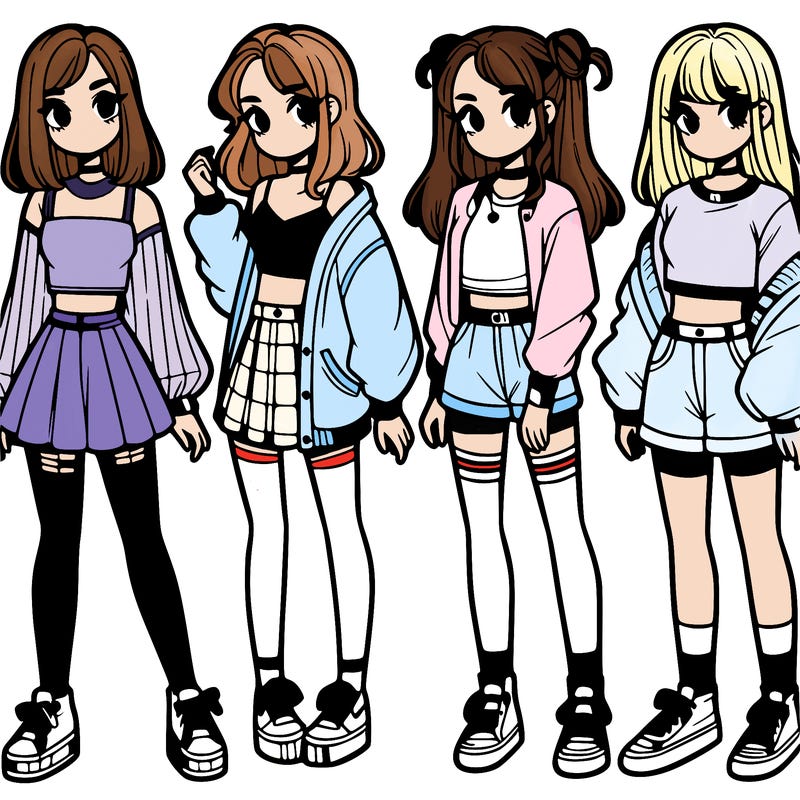 one girl with crop-top shirt and a jacket with a skirt, long socks and another girl with a shirt and pants with a jacket