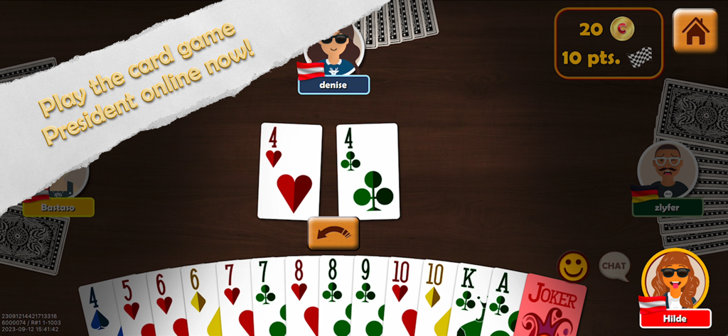 Juego multijugador en línea del juego de cartas Presidente con avatares de jugadores y una mano de cartas.