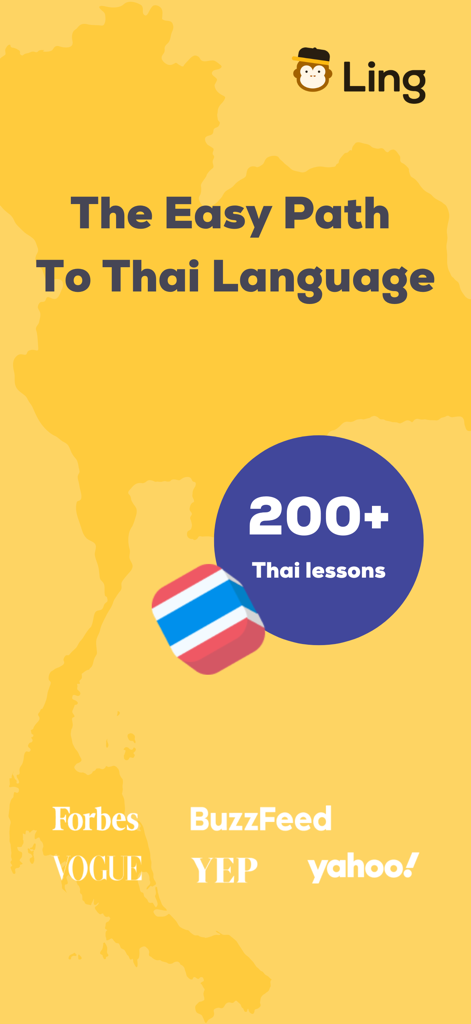 Ling - Learn Thai Language - Ling app promotional banner showing 200 plus Thai lessons and media mentions like Forbes and Vogue.