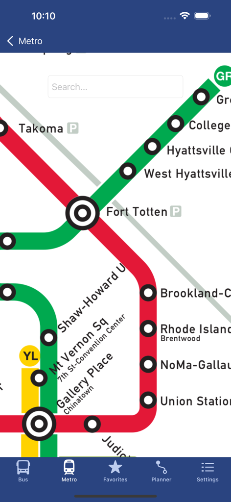 DC Metro and Bus - Mappa della rete ferroviaria di Washington DC Metro che mostra stazioni e linee di trasporto colorate