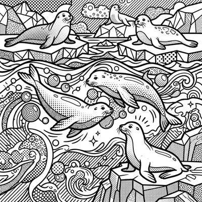 Explore the playful world of seals and sea lions reimagined in a vibrant Pop Art style, ready for your creative touch. This captivating coloring page brings together the charm of marine life with bold lines and dynamic patterns, perfect for a fun and engaging art session.