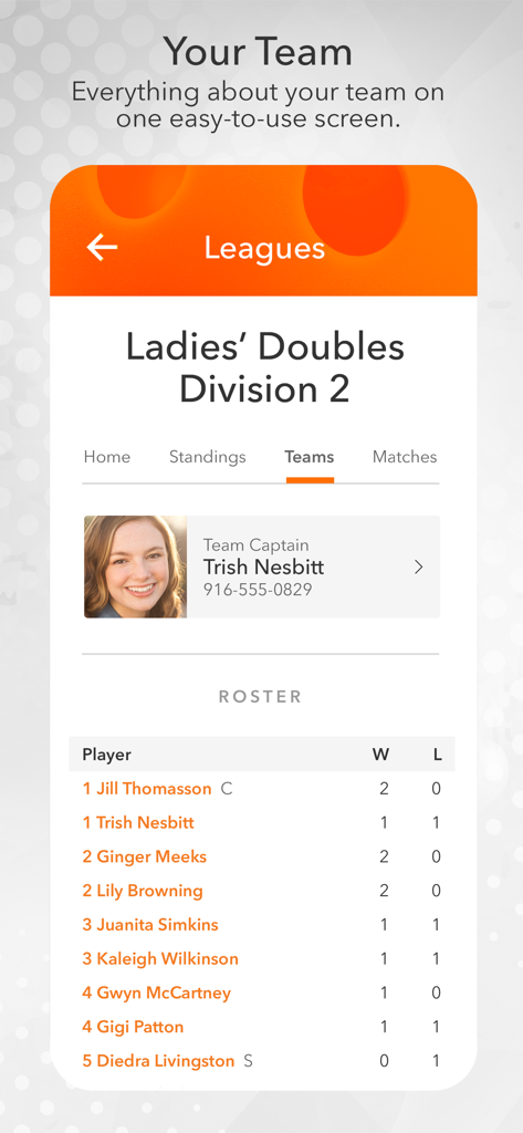 Tenniscores - A mobile screen showing a ladies doubles tennis team roster with player win-loss records and captain information.