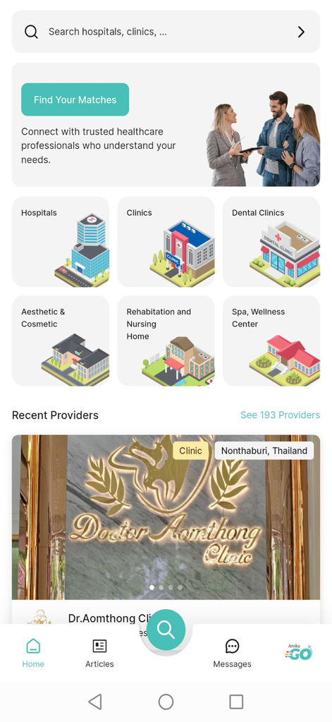 ArokaGO - The home screen of ArokaGO app featuring medical and wellness categories in Thailand