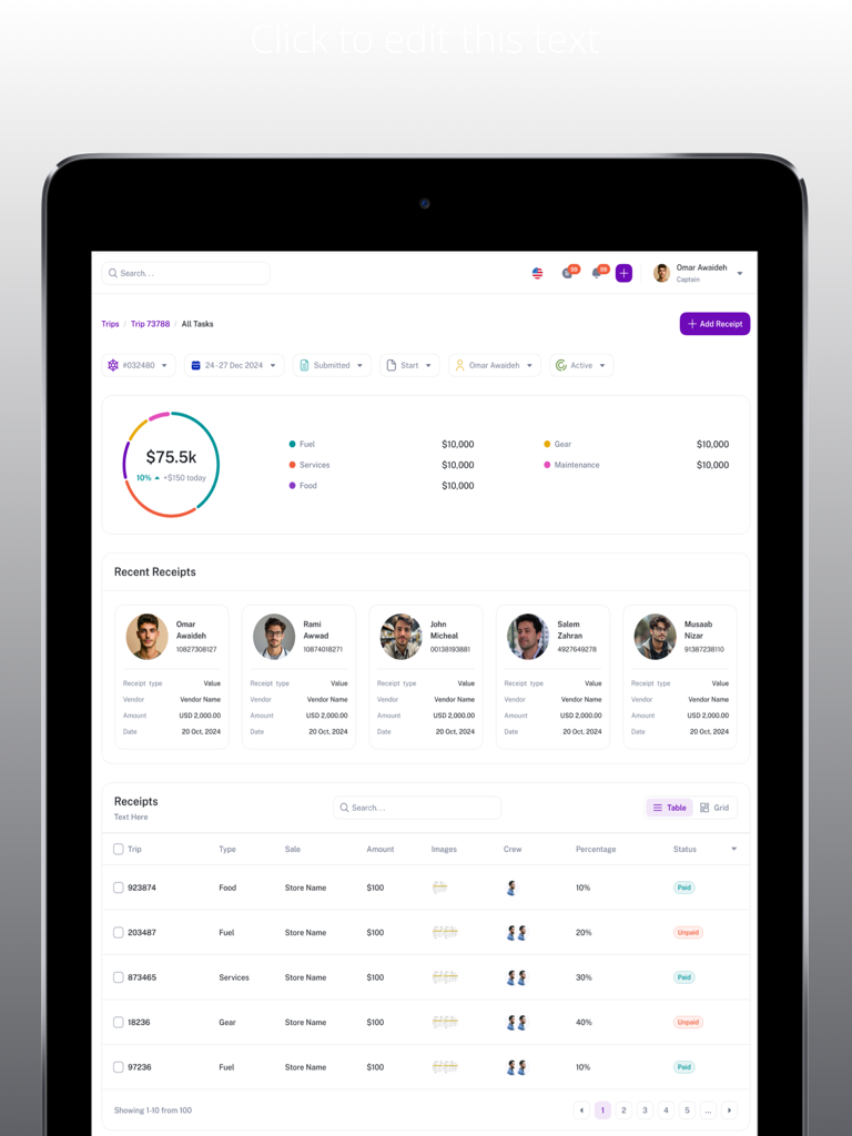 Vessel OPS - Vessel OPS app dashboard on iPad displaying maritime expenses and receipts management.