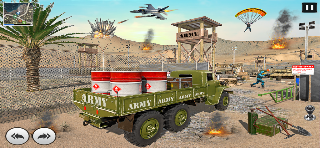 Military Vehicle Transport Sim - Green military truck transporting fuel barrels in a desert base with fighter jets above.