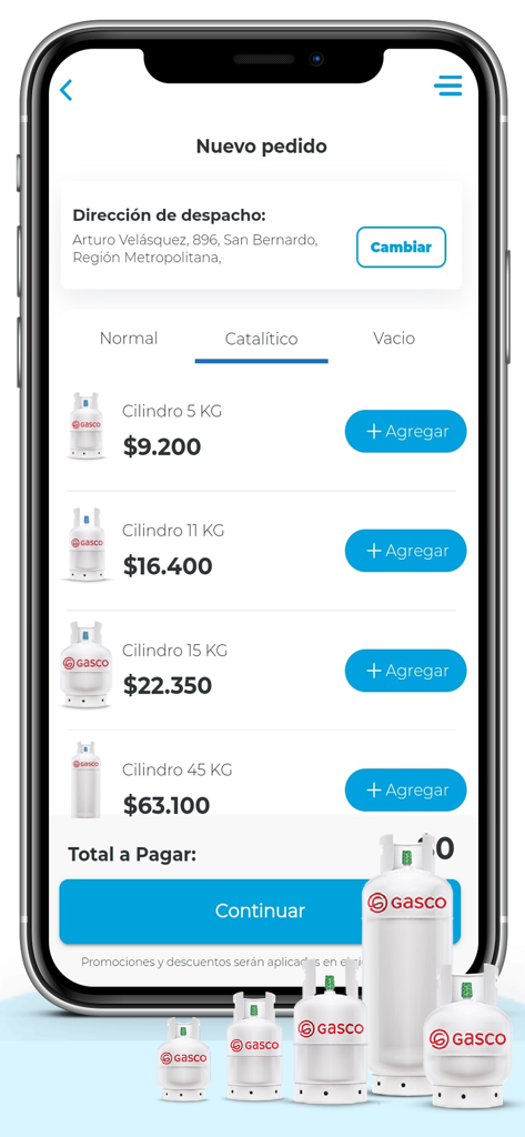 Screenshot der Gasconnect-App, der einen neuen Bestellbildschirm mit verschiedenen LPG-Flaschengrößen und -preisen zeigt.