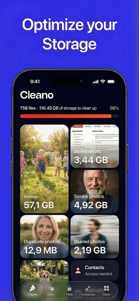 Cleano: Smart Cleaning - Cleano app interface showing storage analysis with categories for videos screenshots and duplicate photos