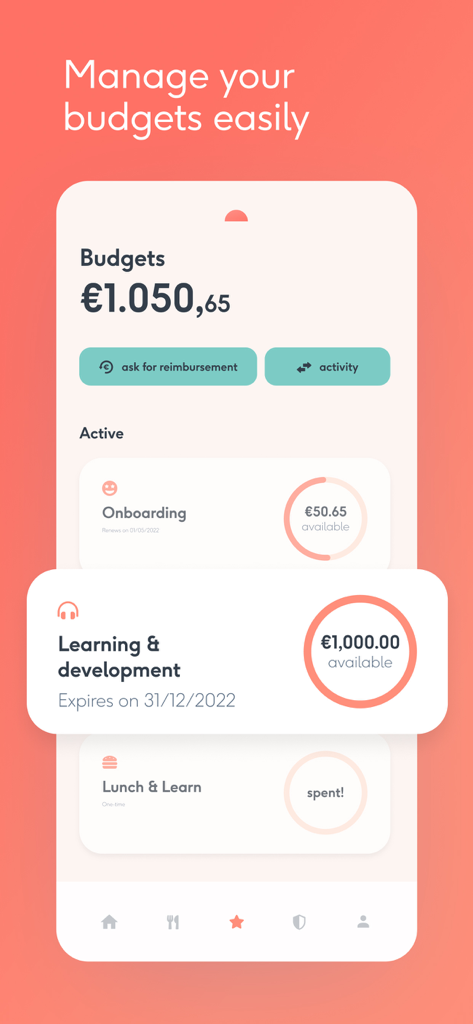 Coverflex - Coverflex app interface showing budget management for employee benefits like learning and development