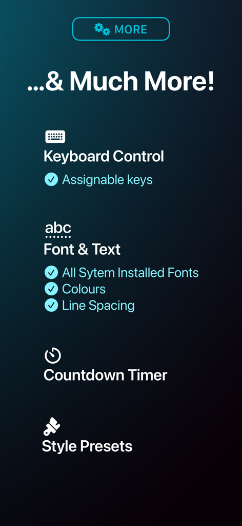 Telepromptr - Telepromptr app feature list showing keyboard control font customization countdown timer and style presets