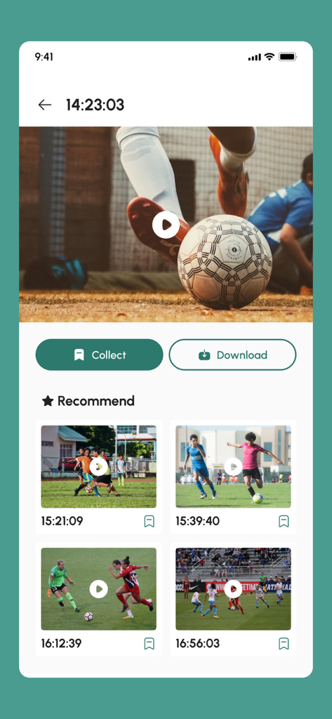 ReplayVar - Interfaccia dell'app mobile ReplayVar che mostra un highlight di una partita di calcio con opzioni per raccogliere e scaricare clip video.