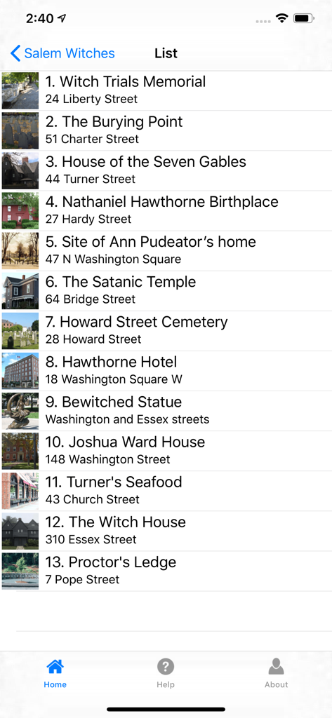 Salem Witches Tour - A numbered list of thirteen historical landmarks in Salem including addresses and site photos.
