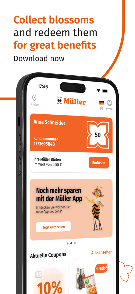 Müller app interface showing loyalty blossoms and current shopping coupons