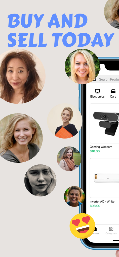 Interface d'application mobile Marketplace présentant des annonces de produits locaux et une communauté d'utilisateurs diversifiée