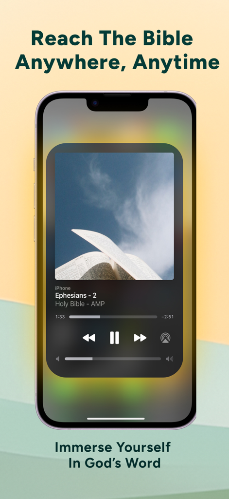 Schermata dello smartphone che mostra un lettore audio che riproduce il libro di Efesini nell'app Bibbia Chat