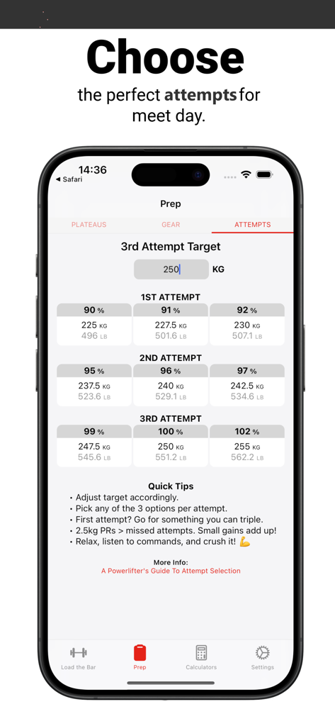 Bar Is Loaded - Gym Calculator - A powerlifting meet attempt calculator screen showing weight options for first second and third attempts based on percentages of a target weight.