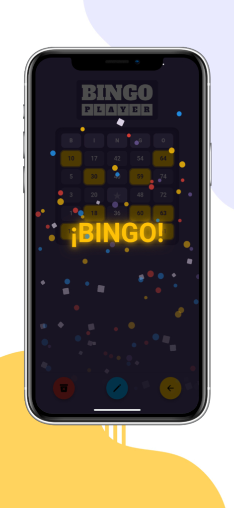 Bingo Player - Pantalla de iPhone mostrando una notificación de Bingo ganadora en la aplicación Bingo Player con un cartón digital y celebración de confeti