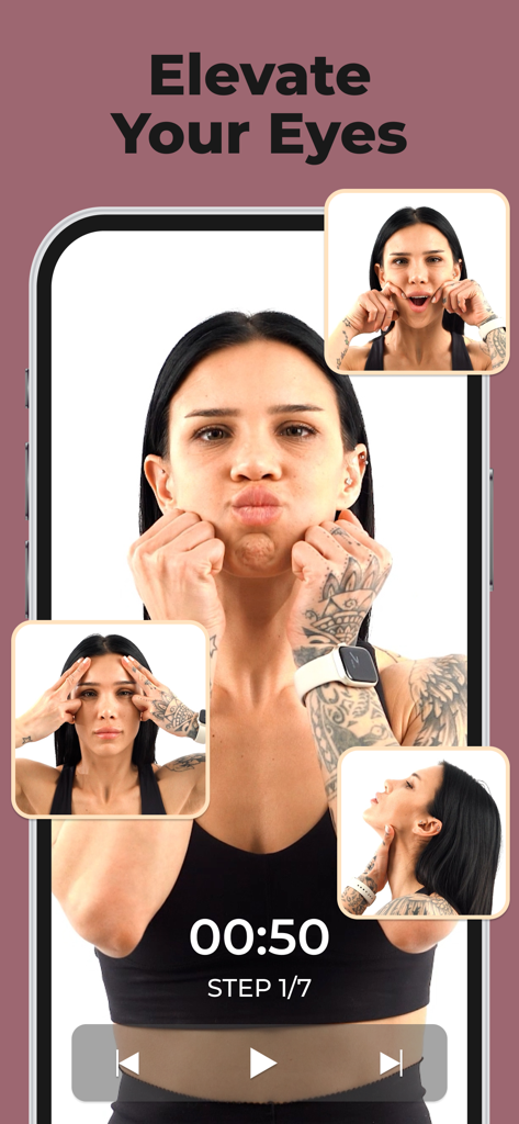 A woman performing a face yoga exercise for eye lifting on a mobile app interface