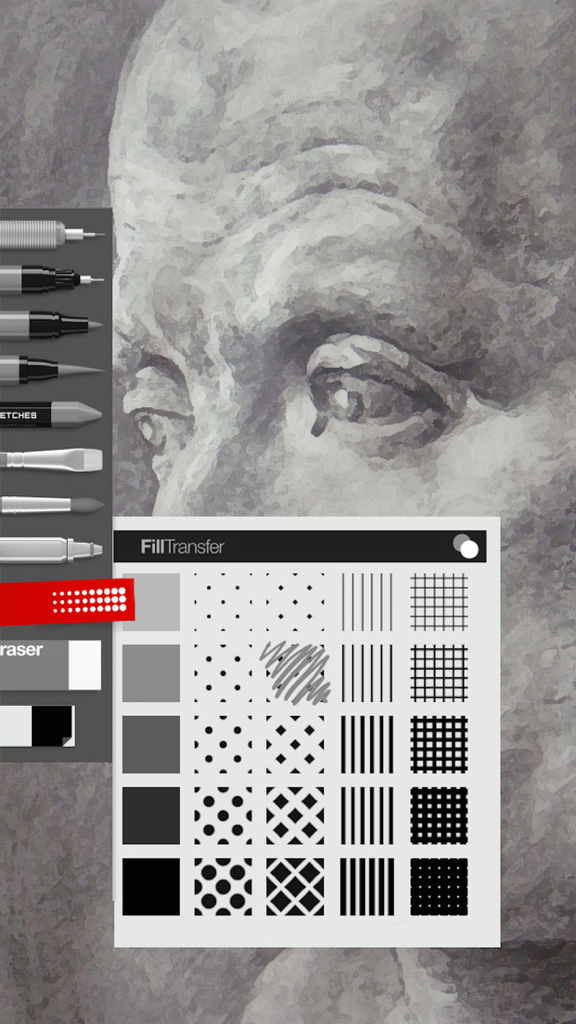 Sketch Art - Draw, Paint & Doodle - Boceto de retrato digital en la app Sketch Art con herramientas de pincel y menú de selección de patrones