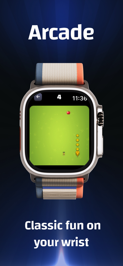 WatchQアプリのApple Watchインターフェースで表示されるクラシックアーケードのスネークゲーム