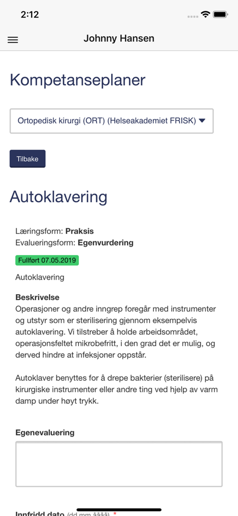 Dossier Helse - Oberfläche der Dossier Helse App, die einen Kompetenzplan für die orthopädische Chirurgie für die Autoklavierung mit einem Selbsteinschätzungsformular anzeigt.
