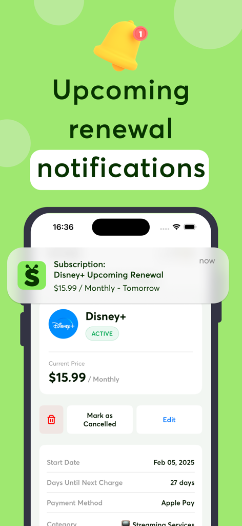 Subee app screenshot showing an upcoming Disney Plus renewal notification on an iPhone screen.