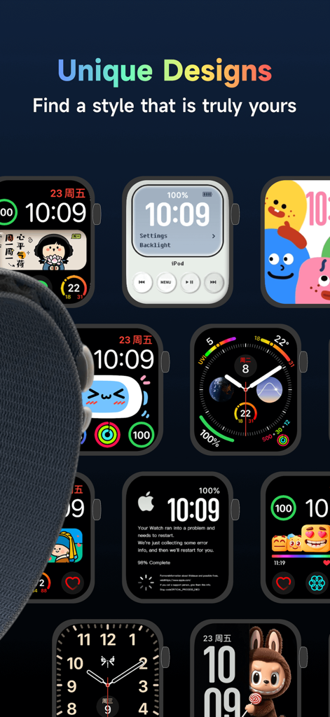 A diverse collection of unique and aesthetic Apple Watch face designs including anime and technical styles