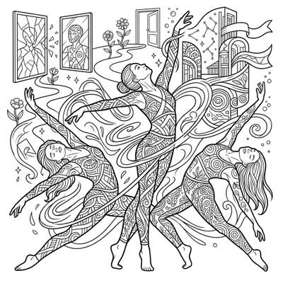 Unleash your creativity with this profound coloring page exploring self-discovery and personal identity through the graceful art of contemporary dance. Designed for adults, it features intricate patterns and symbolic elements to inspire a meditative coloring experience.